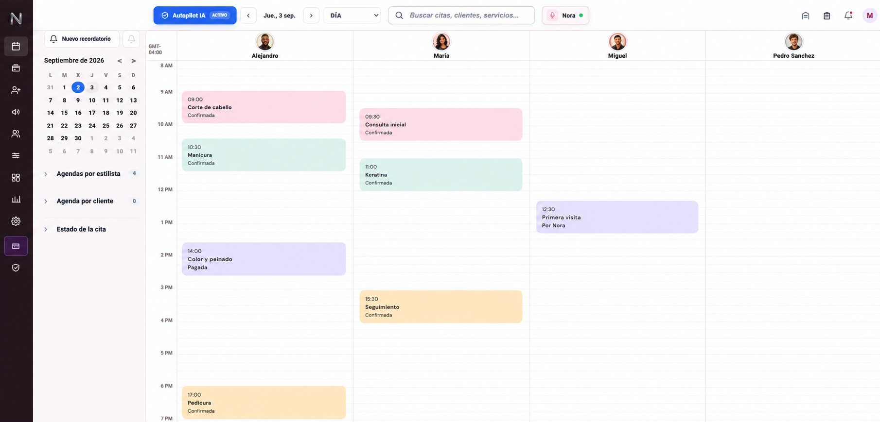 Agenda diaria de NORA365 con citas organizadas por profesional y horarios